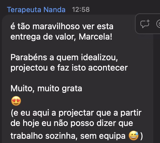 Comentário de Terapeuta Nanda: É tão maravilhoso ver esta entrega de valor! (…) E eu aqui a projetar que, a partir de hoje, não posso dizer que trabalho sozinha, sem equipa 😅